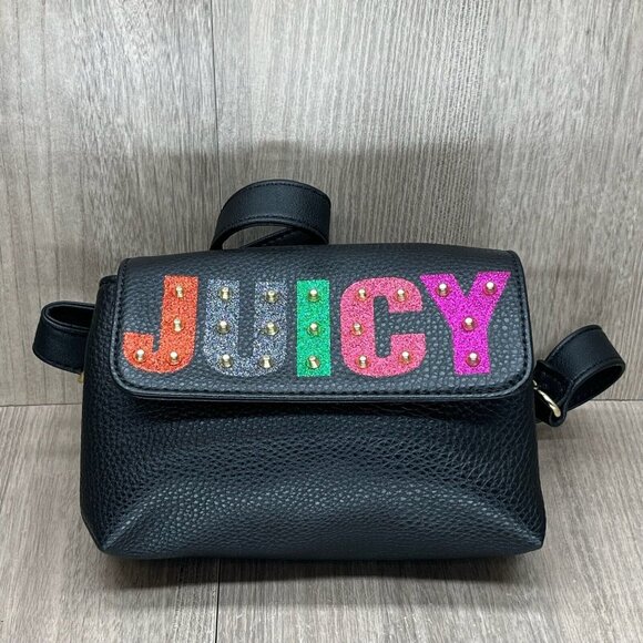 Juicy Couture Handbags - Juicy Couture Faux Leather Rainbow Glitter Logo Studded Purse Slingbag Black